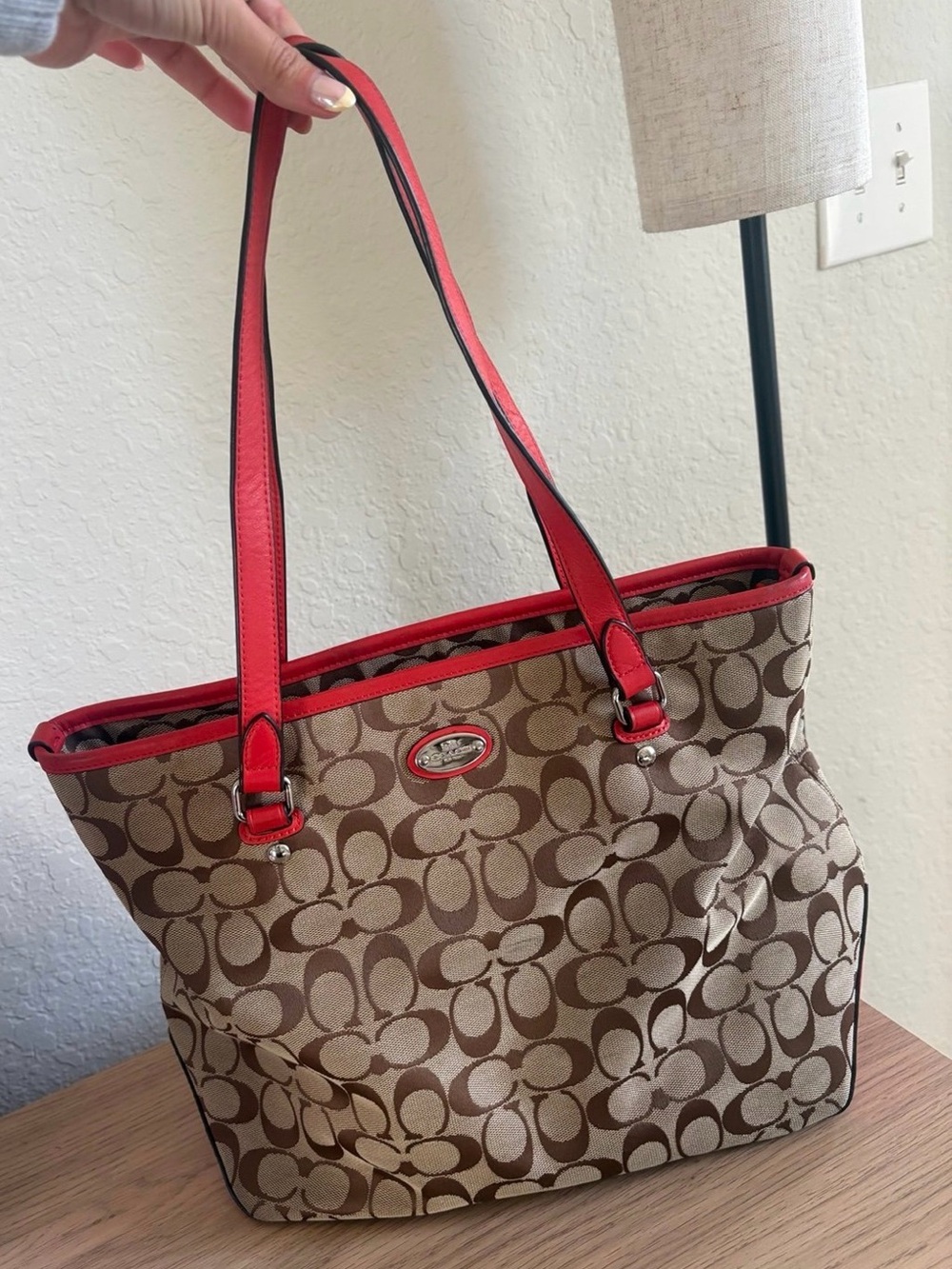 Coach Brown Signature Canvas Tote with Red Trim - Picture 3 of 7